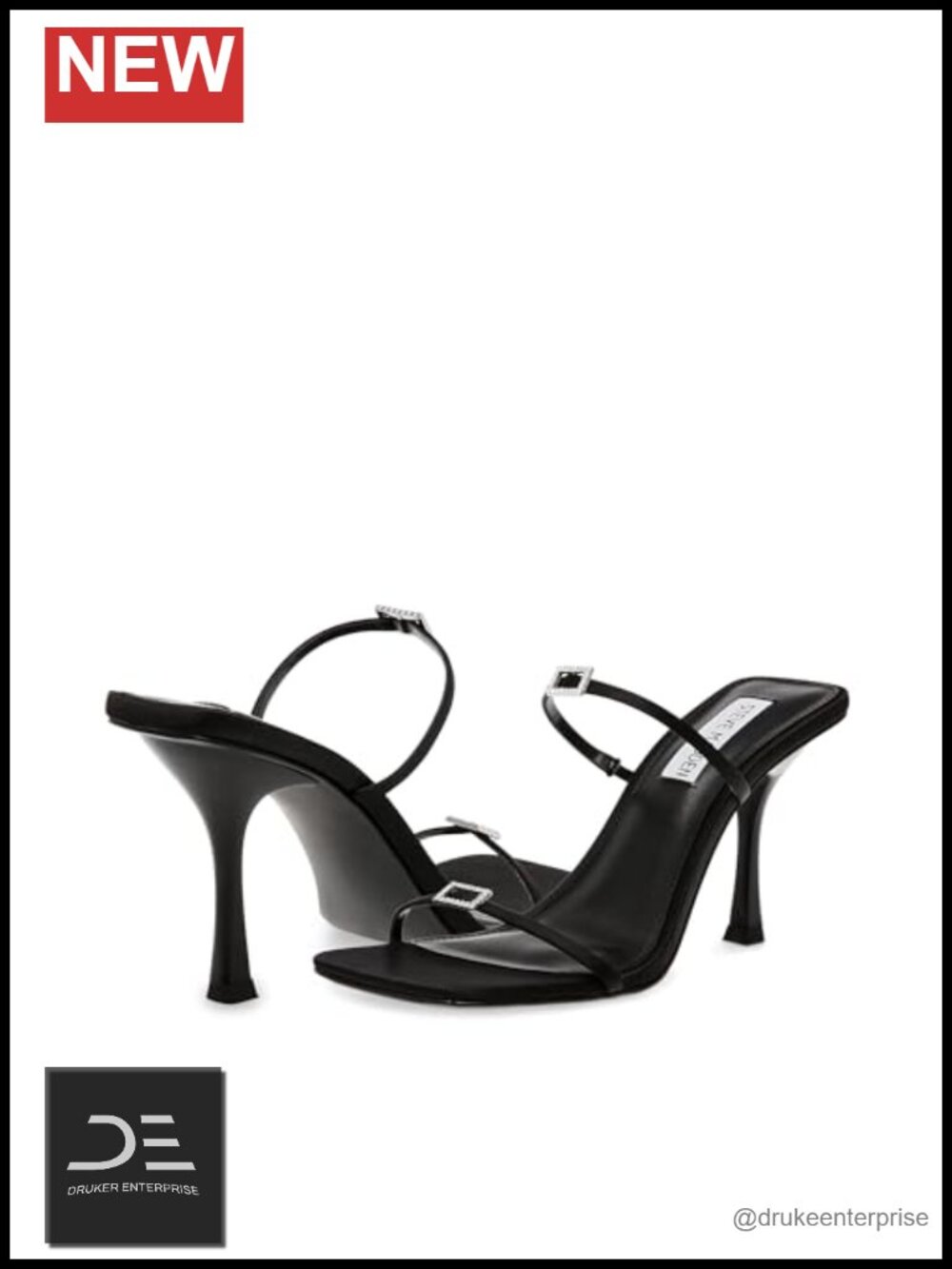 Satin Strappy Heeled Sandals - Open Square Toe, Rhinestone Detail, Slip-On